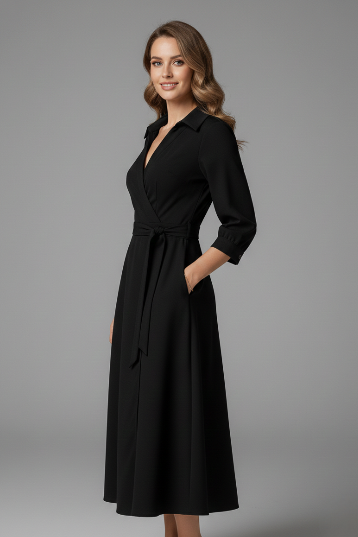 Women's Midi Dress with V-Neck and Long Sleeves