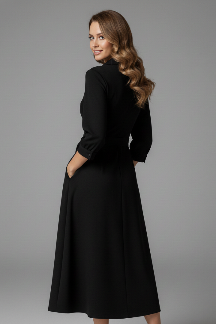 Women's Midi Dress with V-Neck and Long Sleeves