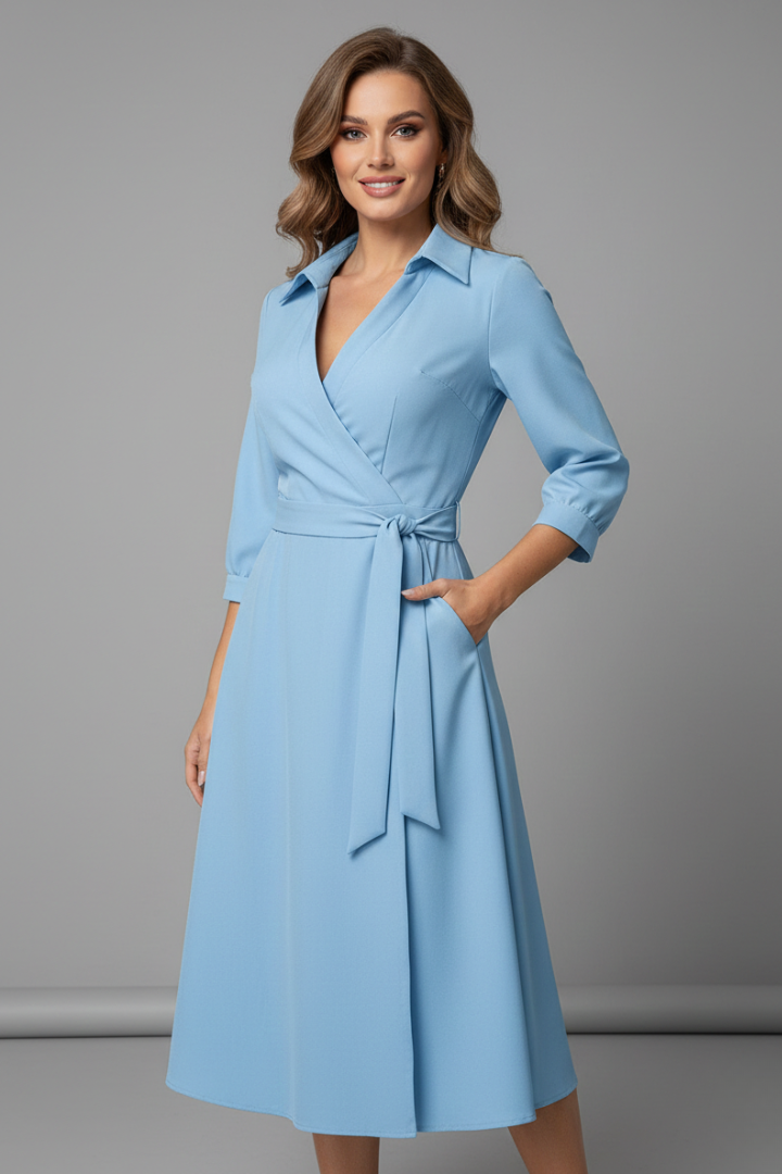Women's Midi Dress with V-Neck and Long Sleeves