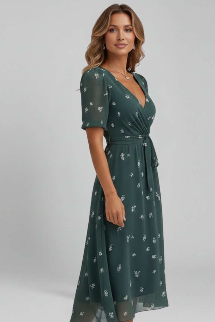 Women's Midi Dress with V-Neck with Pattern