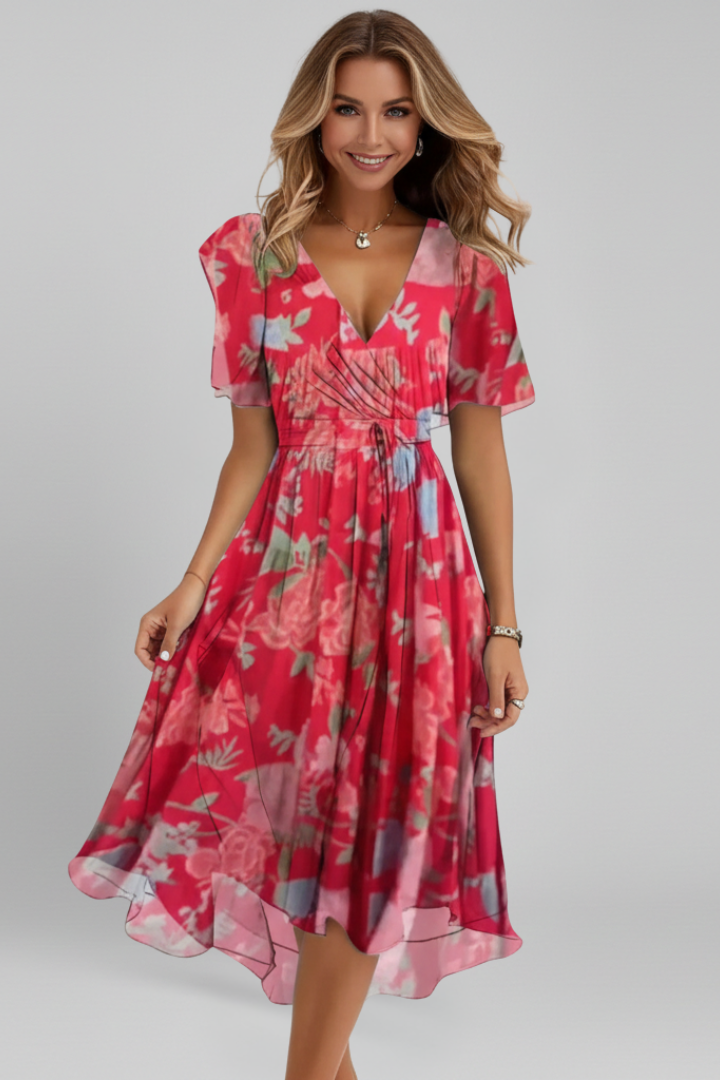 Women's Midi Dress with V-Neck with Pattern