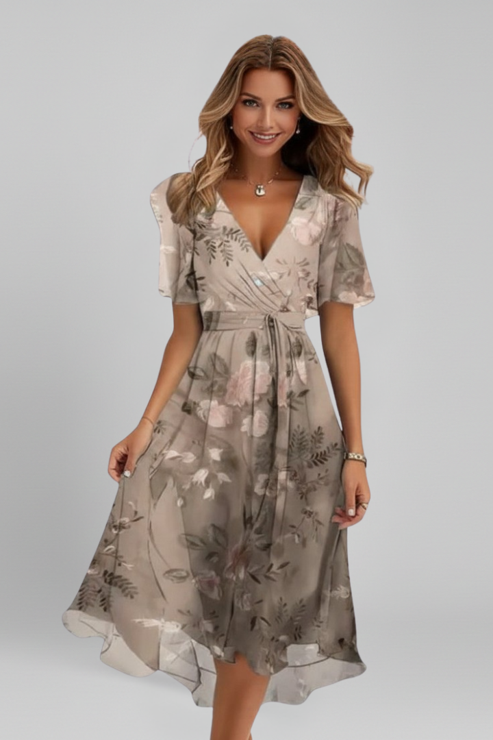 Women's Midi Dress with V-Neck with Pattern