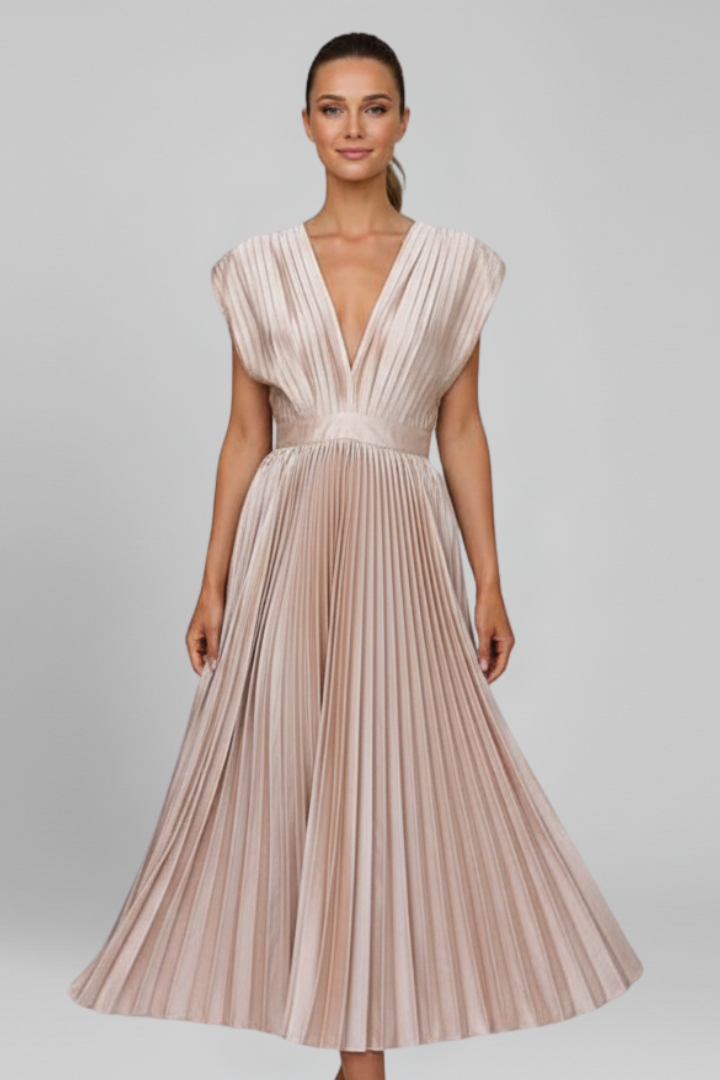 Women's Midi Dress with V-Neck and Pleated Skirt