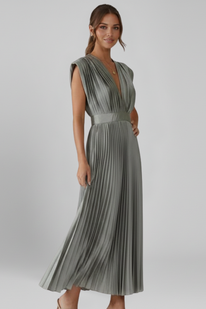 Women's Midi Dress with V-Neck and Pleated Skirt