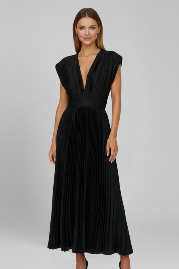 Women's Midi Dress with V-Neck and Pleated Skirt