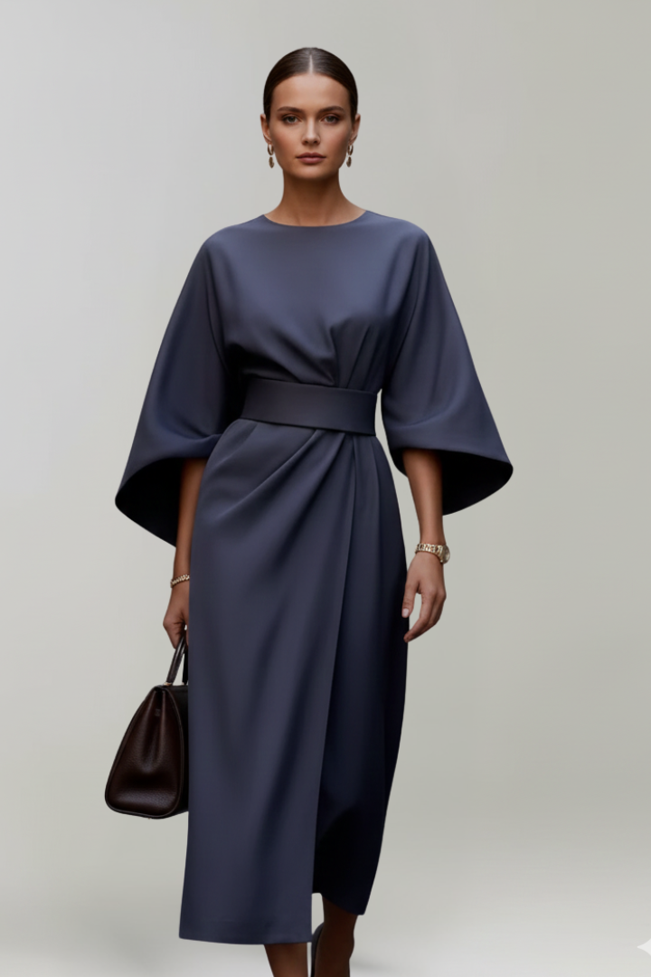 Women's Midi Dress with Wide Sleeves and Waist Belt in Blue - View 2.0 | Roselva
