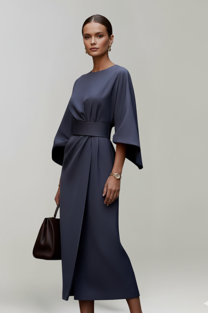 Women's Midi Dress with Wide Sleeves and Waist Belt in Blue - View 3.0 | Roselva