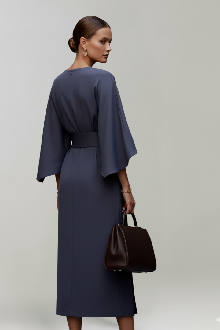 Women's Midi Dress with Wide Sleeves and Waist Belt in Blue - View 4.0 | Roselva