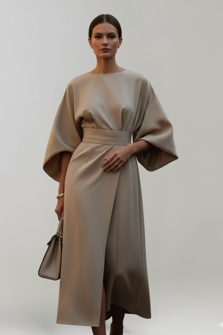 Women's Midi Dress with Wide Sleeves and Waist Belt in Blue - View 6.0 | Roselva