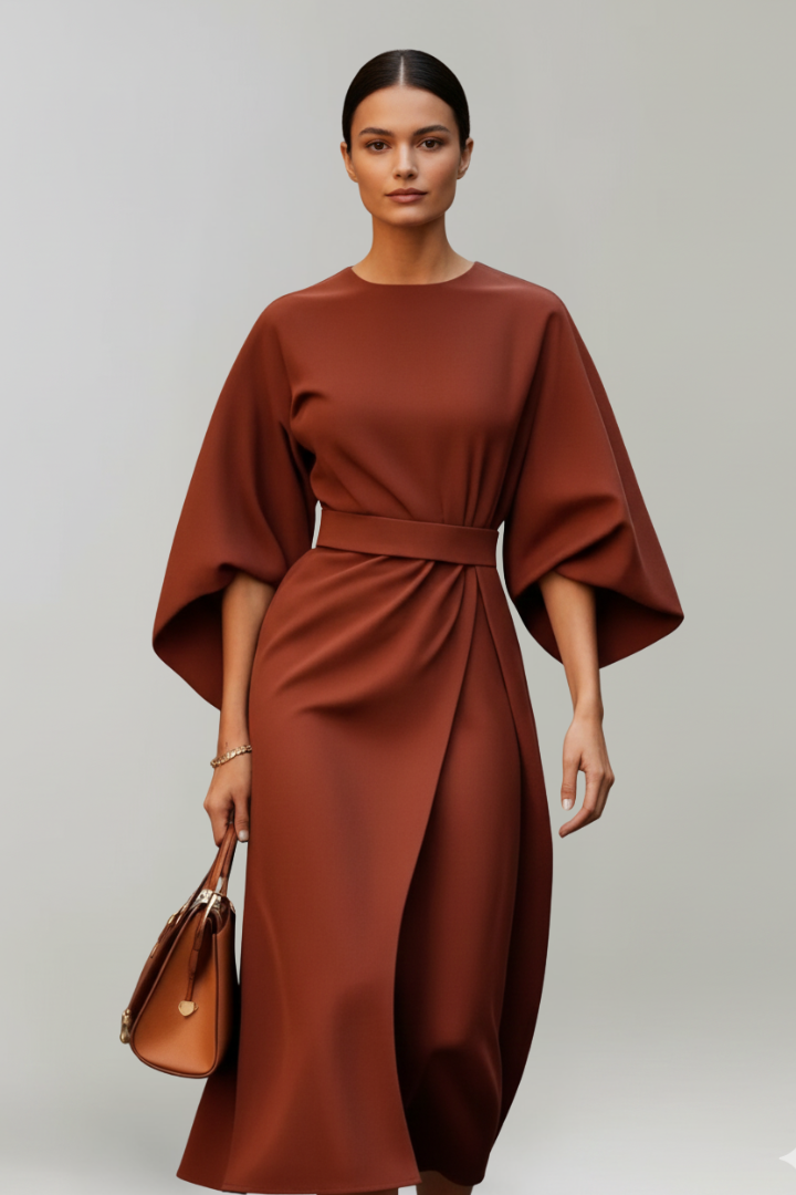 Women's Midi Dress with Wide Sleeves and Waist Belt in Blue - View 8.0 | Roselva