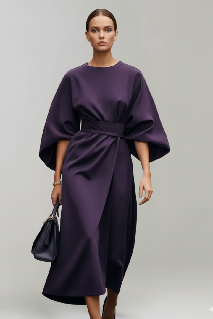 Women's Midi Dress with Wide Sleeves and Waist Belt in Blue - View 9.0 | Roselva