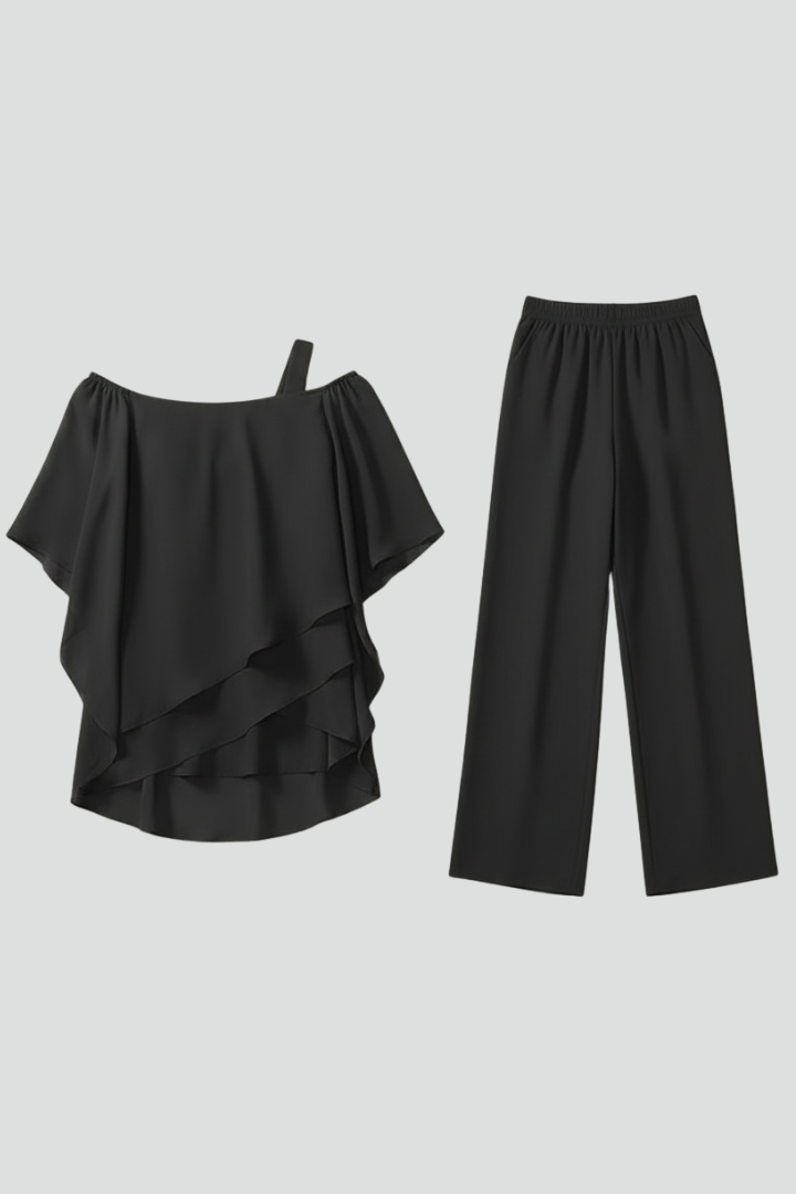 Women's Off-Shoulder Jumpsuit with Elastic Waist in Black | Roselva