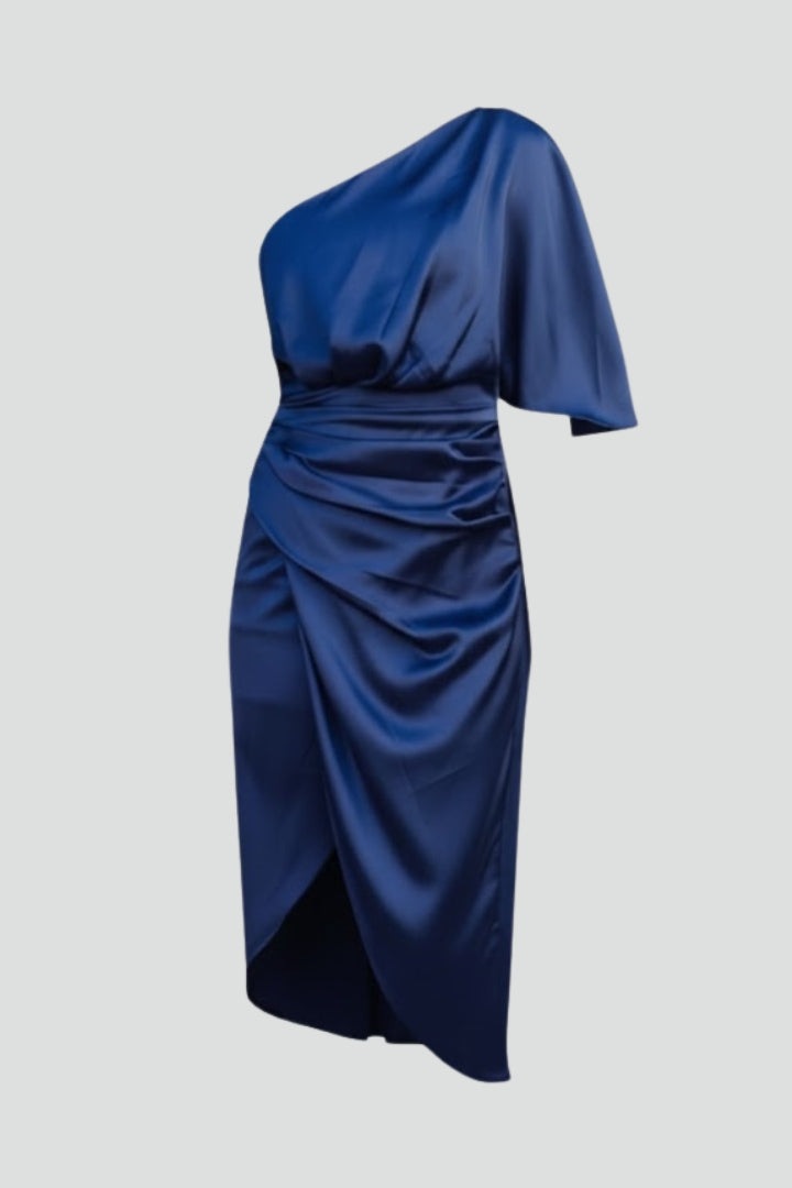 Women's Midi Dress with One-Shoulder and Draped Waist