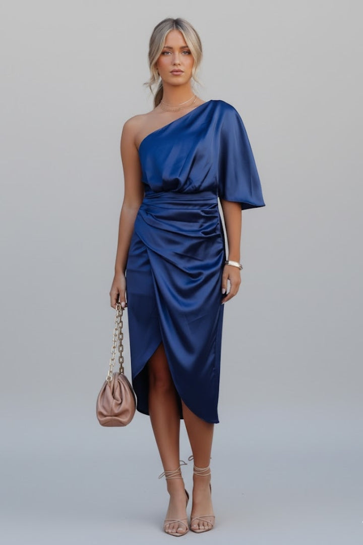 Women's Midi Dress with One-Shoulder and Draped Waist