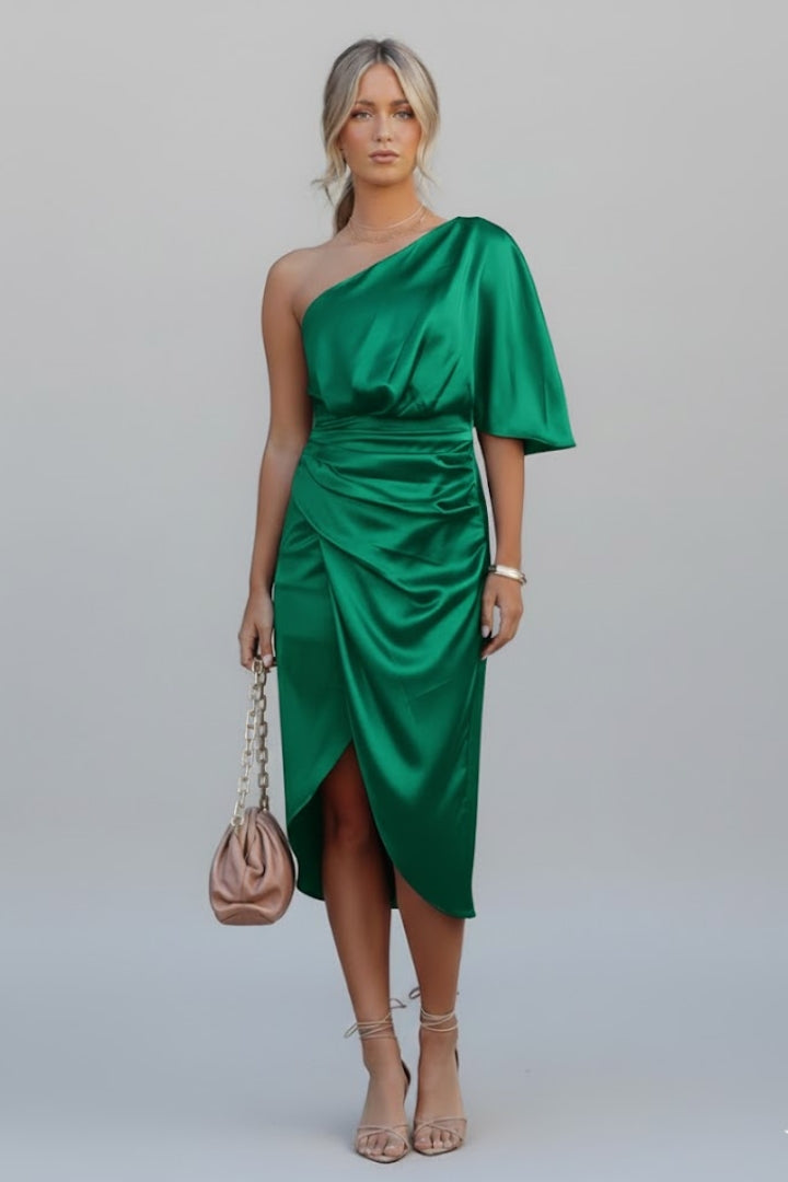Women's Midi Dress with One-Shoulder and Draped Waist