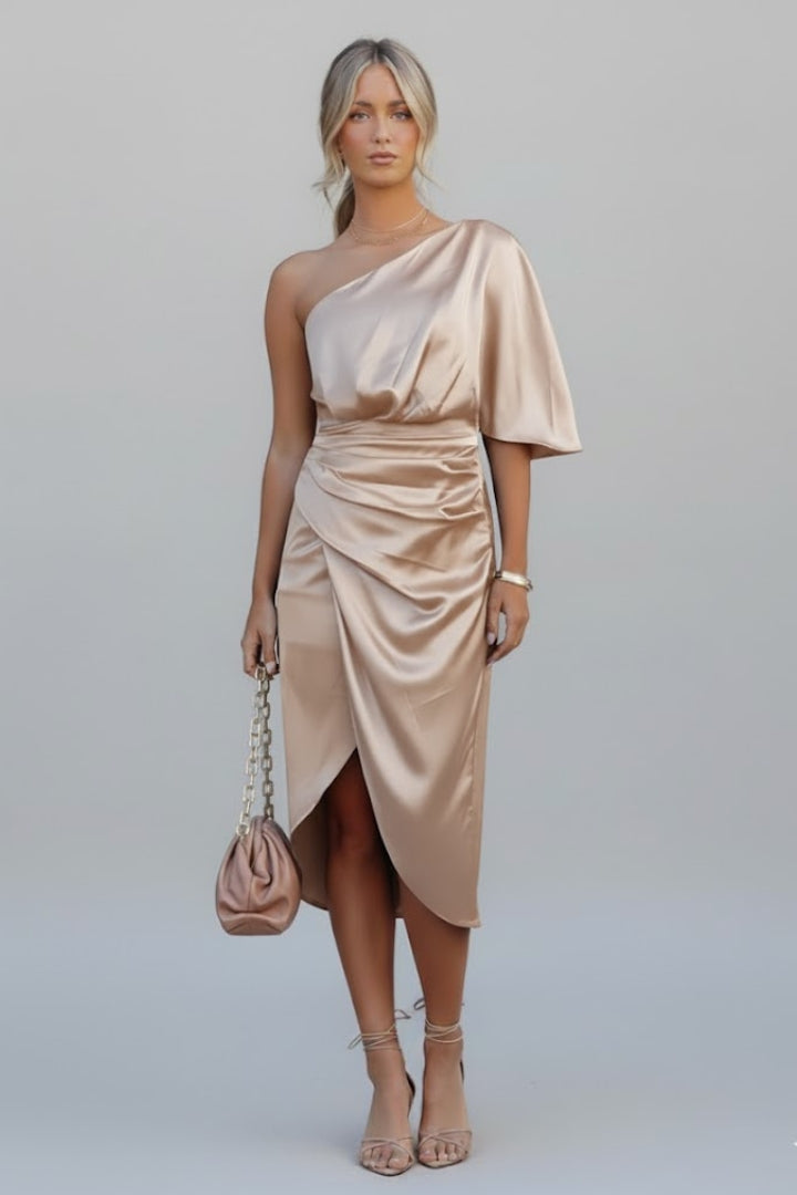 Women's Midi Dress with One-Shoulder and Draped Waist