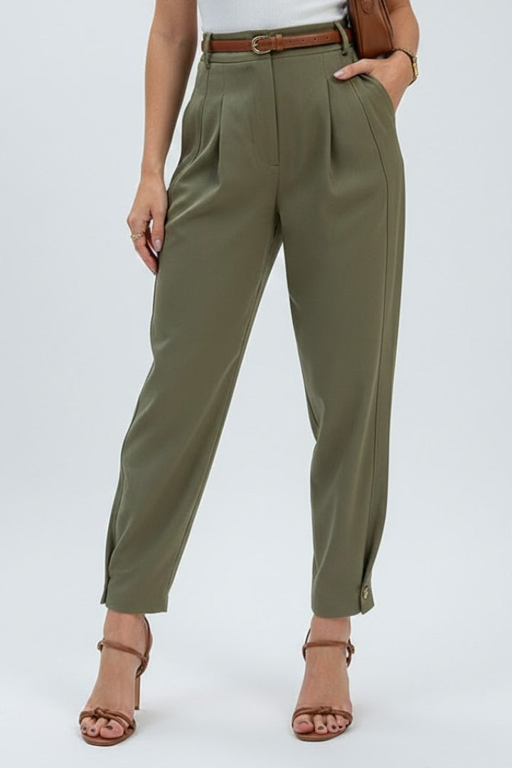 Women's High-Waisted Tapered Trousers in Green - View 2.0 | Roselva