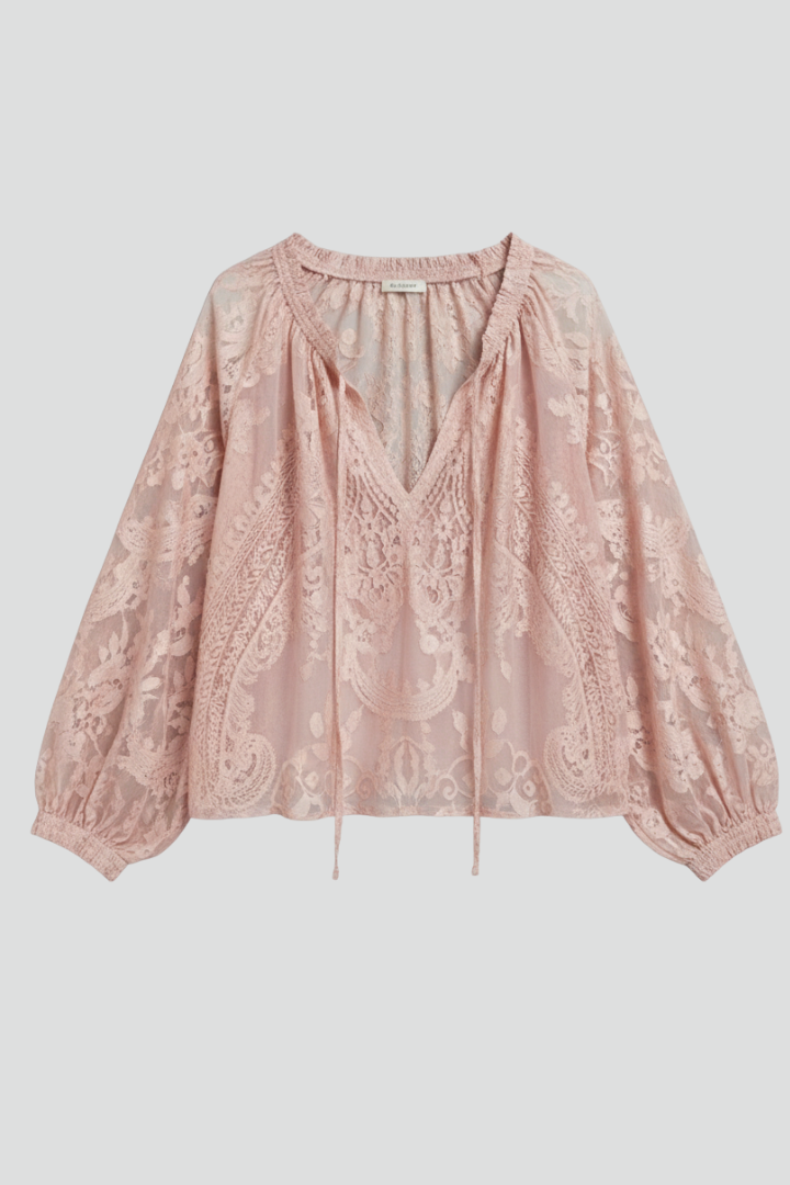 Women's Blouse with Lace Detail and Tied Neckline in Pink | Roselva