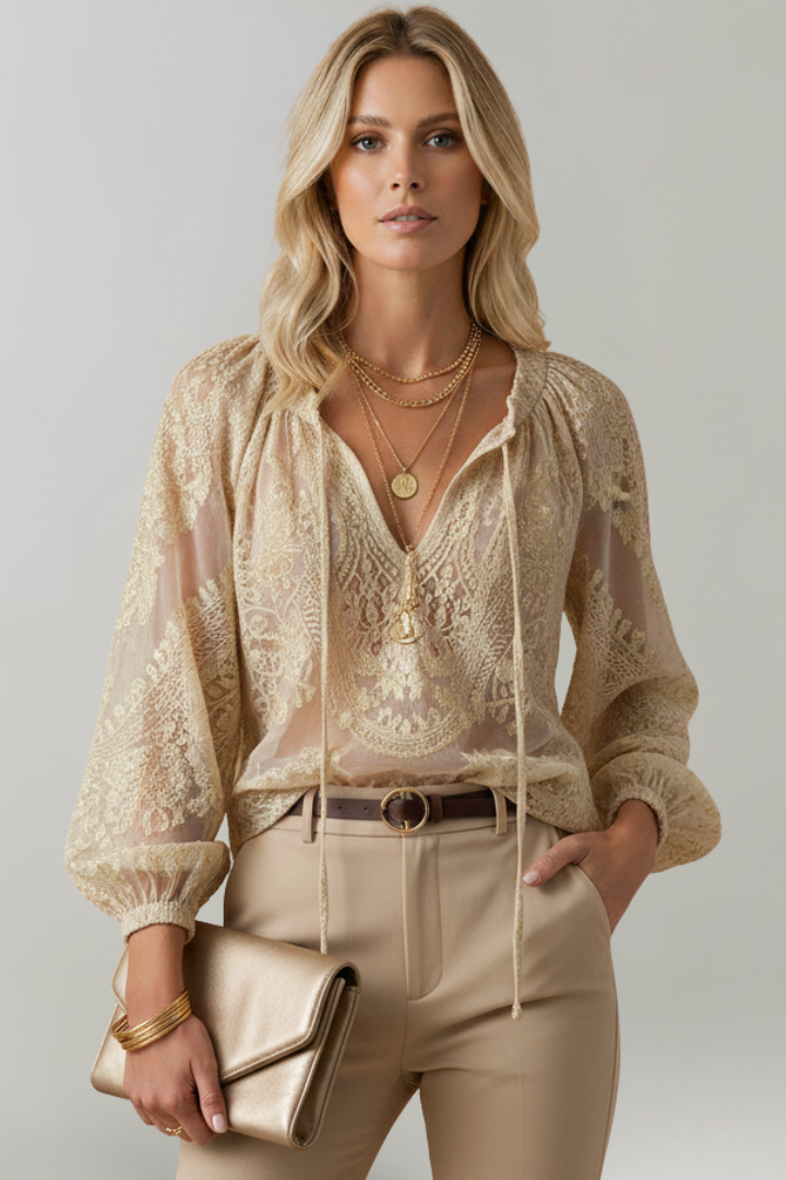 Women's Blouse with Lace Detail and Tied Neckline in Pink - View 8.0 | Roselva