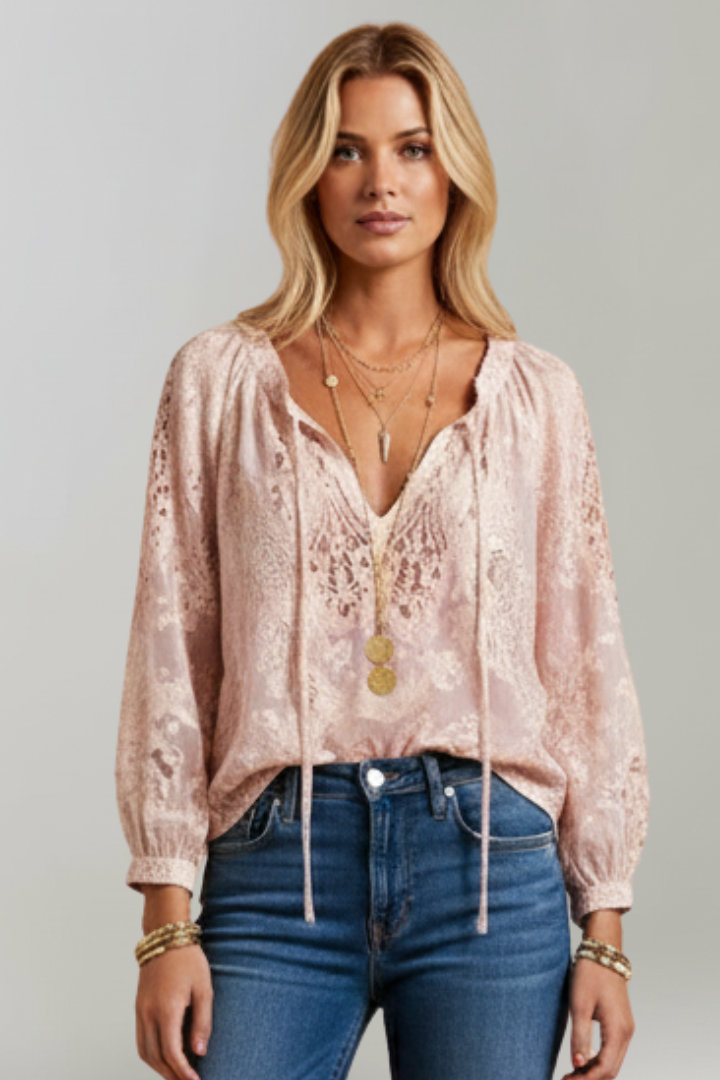Women's Blouse with Lace Detail and Tied Neckline in Pink - View 2.0 | Roselva