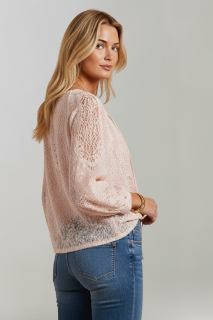 Women's Blouse with Lace Detail and Tied Neckline in Pink - View 4.0 | Roselva