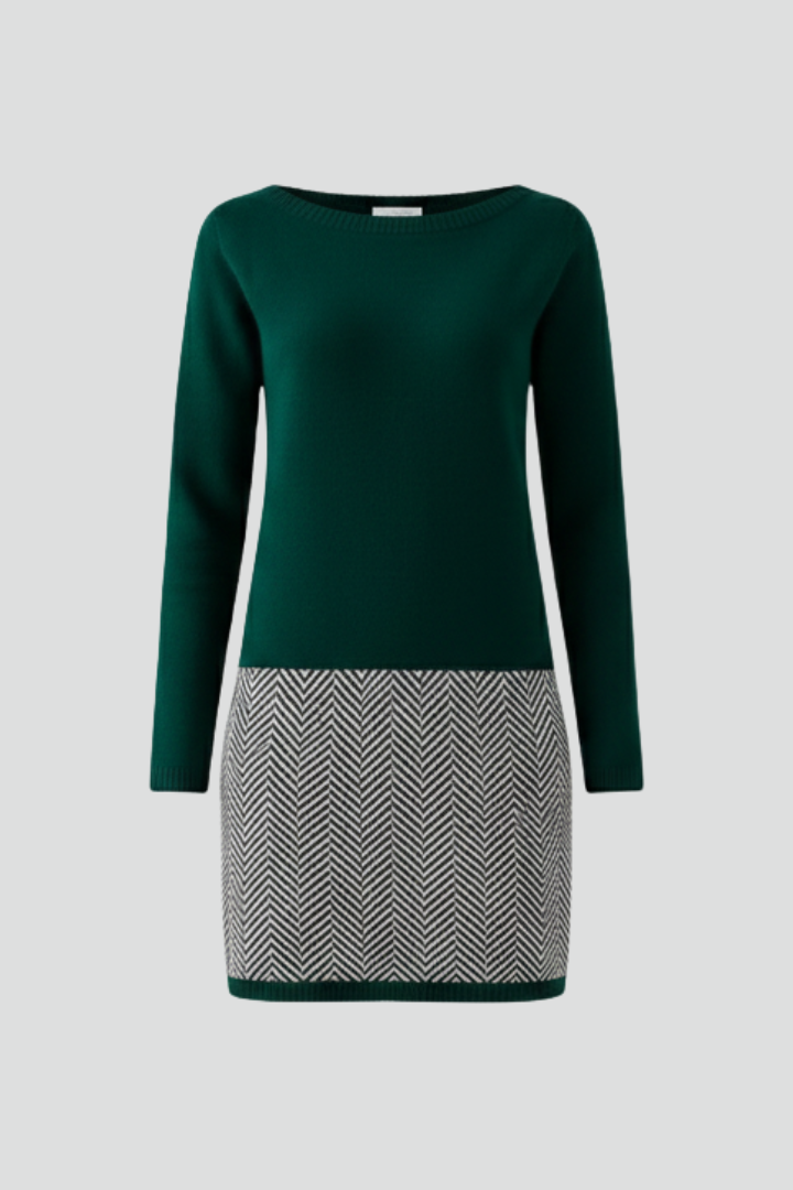 Women's Dress with Round Neckline and Patterned Bottom in Dark Green | Roselva