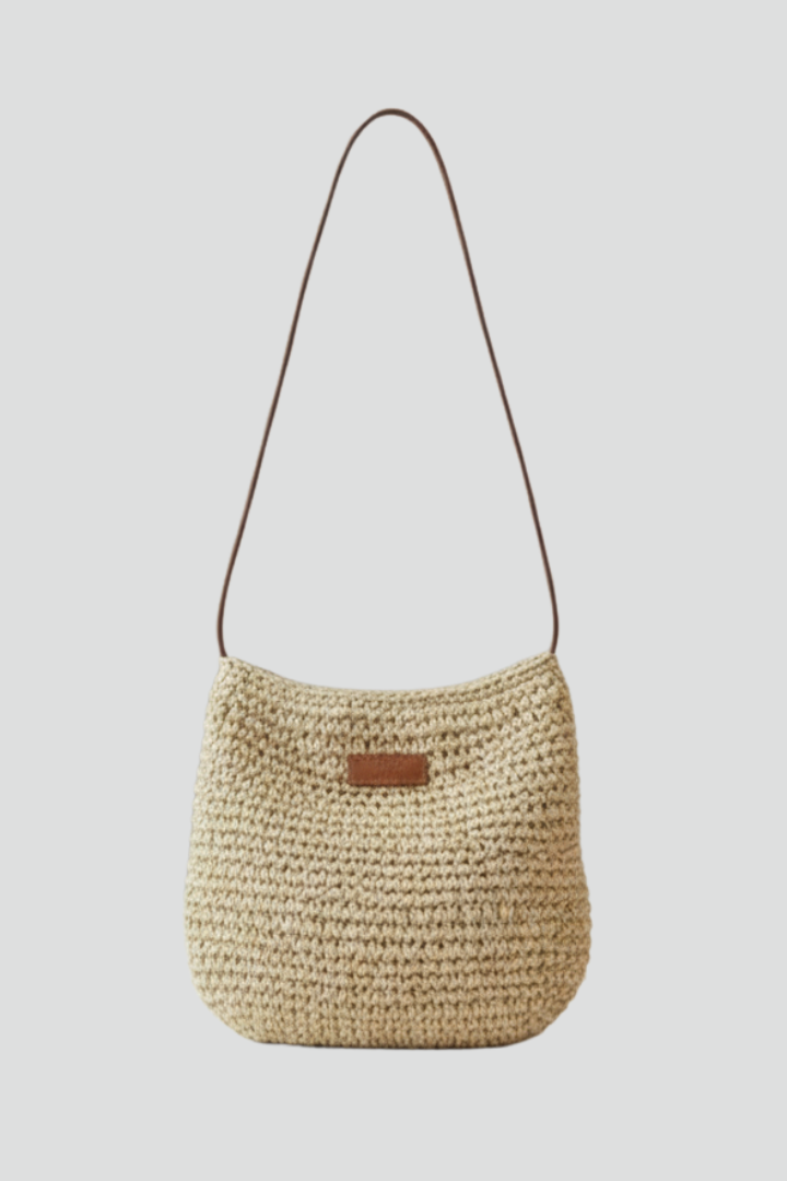 Women's Shoulder Bag with Woven Texture and Long Strap in Beige | Roselva