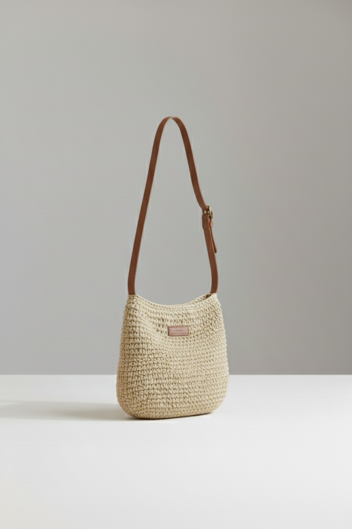 Women's Shoulder Bag with Woven Texture and Long Strap in Beige - View 3.0 | Roselva