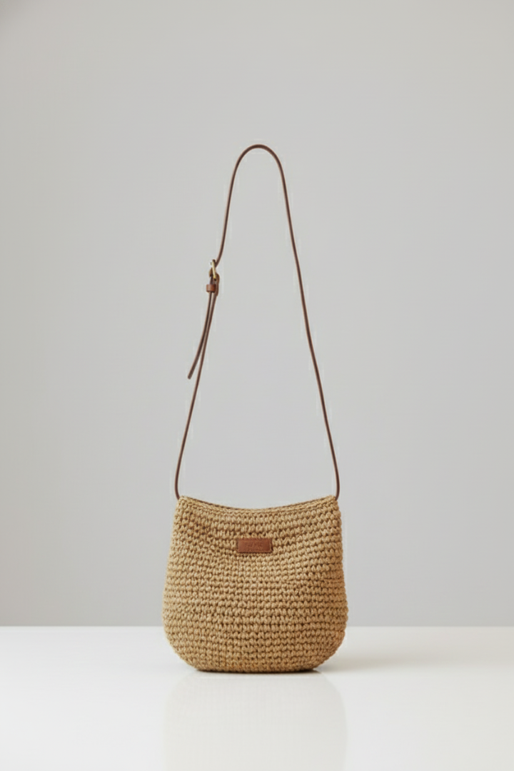 Women's Shoulder Bag with Woven Texture and Long Strap in Beige - View 5.0 | Roselva