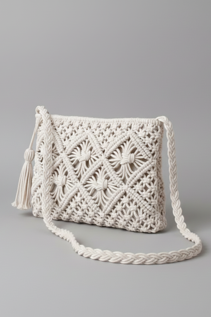 Women's Woven Texture Handbag with Long Strap in Beige | Roselva