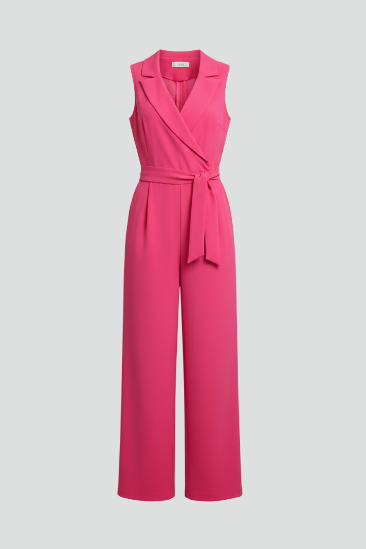 Women's Jumpsuit with V-Neck and Waist Tie in Pink | Roselva