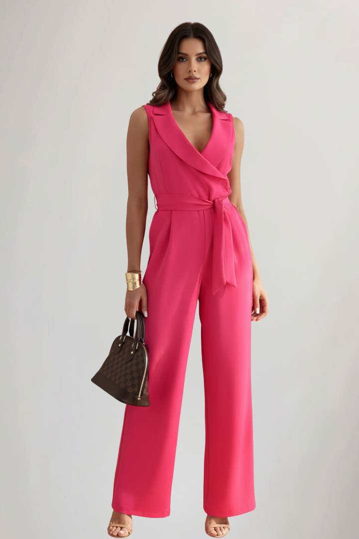 Women's V-Neck Jumpsuit with Waist Tie in Pink - View 2.0 | Roselva
