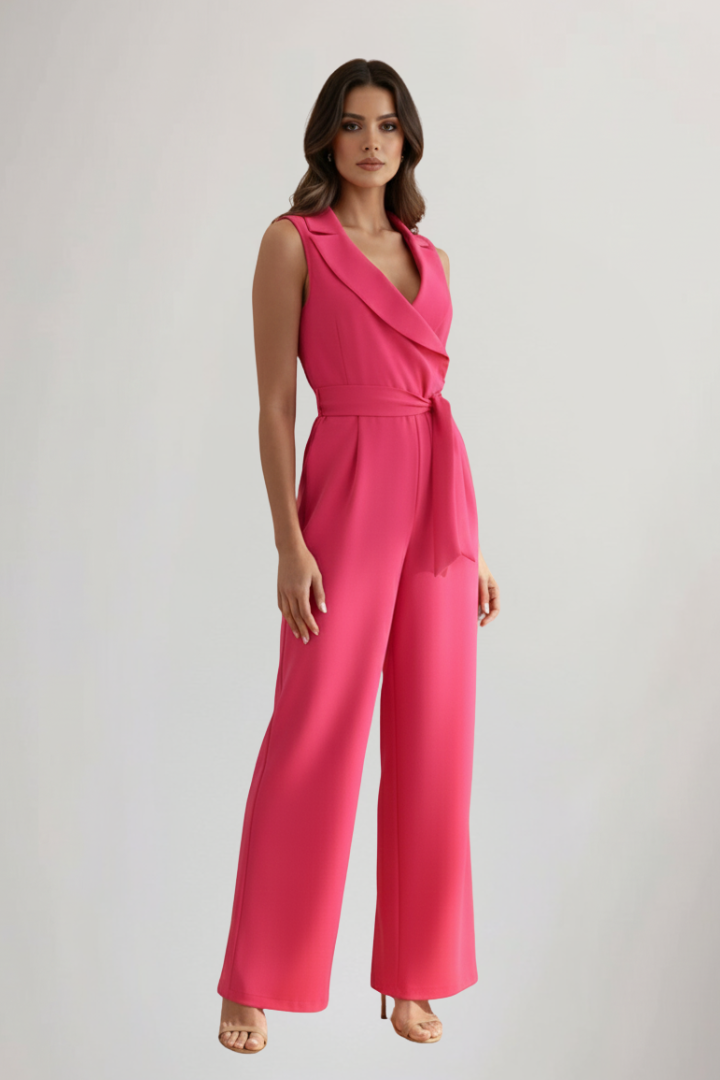 Women's Jumpsuit with V-Neck and Waist Tie in Pink - View 3.0 | Roselva