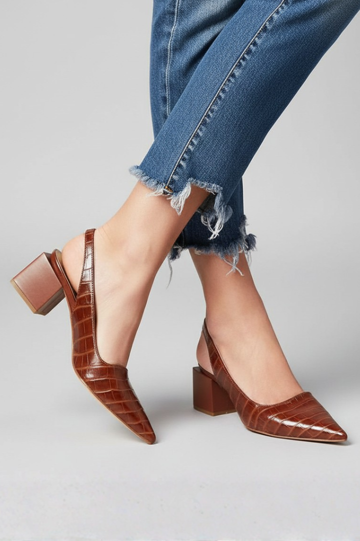 Women's Pointed Toe Slingback Heels with Adjustable Strap in Brown - View 2.0 | Roselva