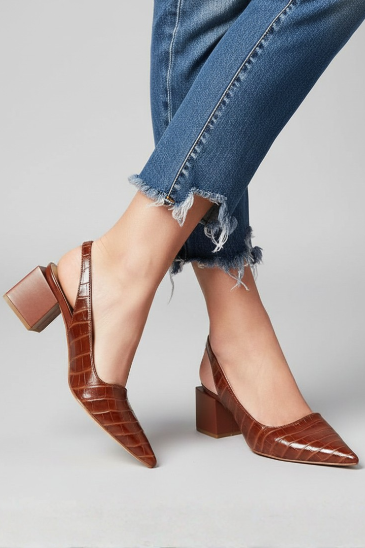 Women's Pointed Toe Slingback Heels with Adjustable Strap in Brown - View 5.0 | Roselva