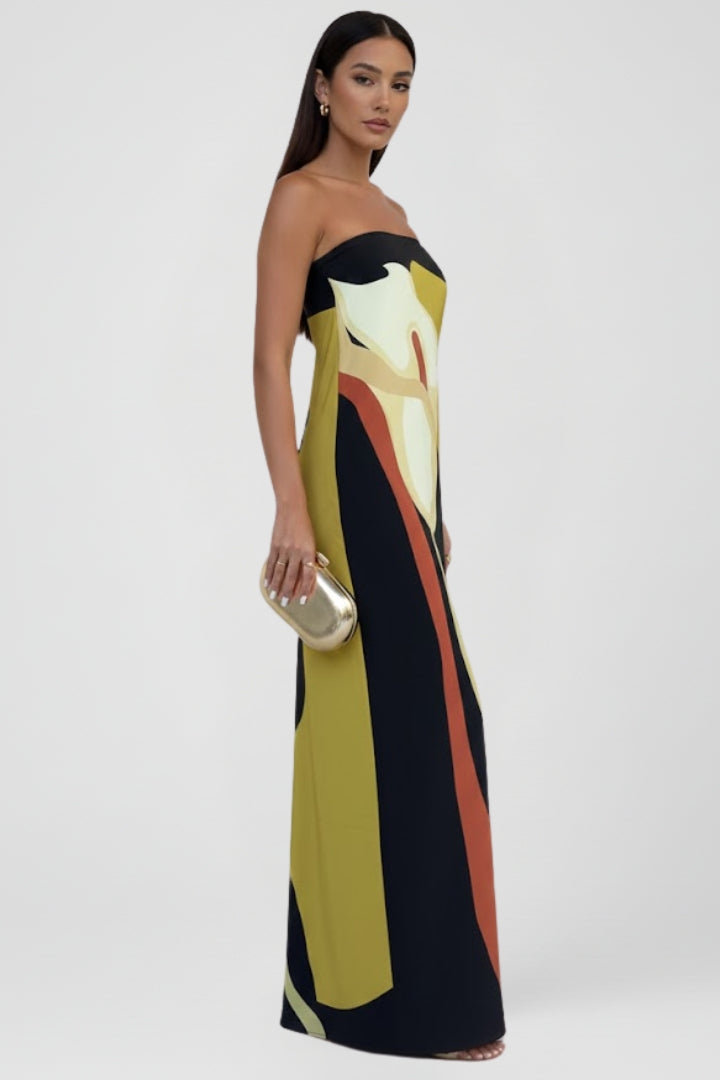 Women's Maxi Dress with Pattern and Off-the-Shoulder Design in Green - View 3.0 | Roselva