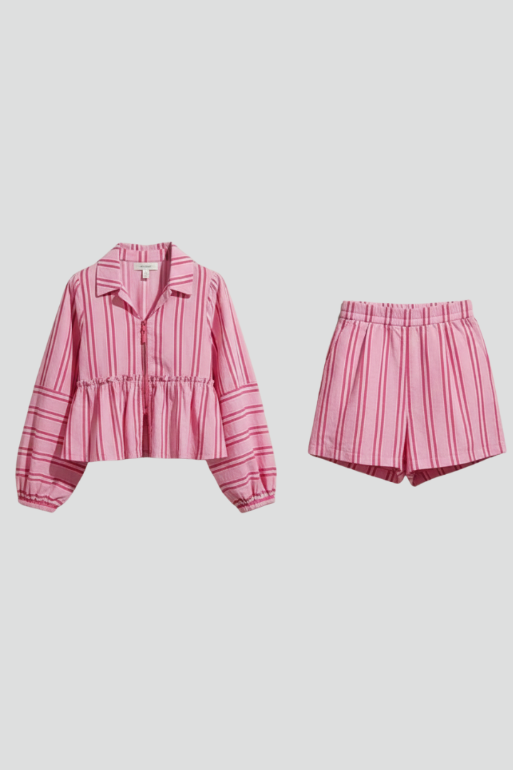 Women's Long Sleeve Striped Top and High-Waisted Shorts Set in Pink | Roselva