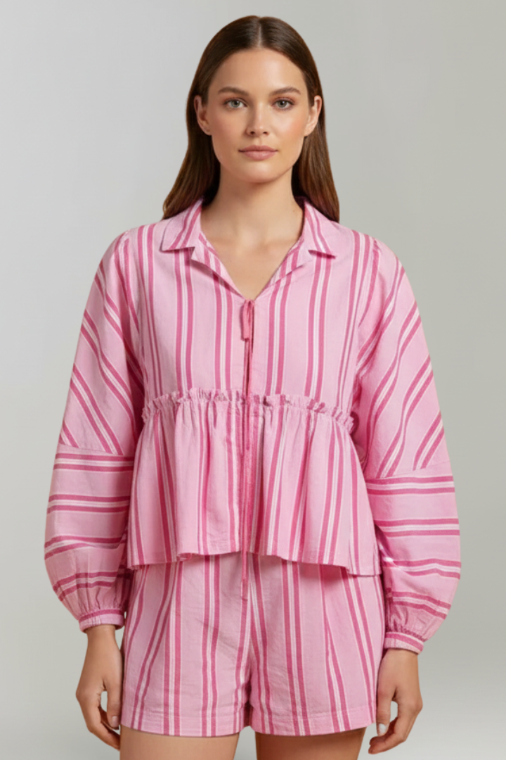 Women's Long Sleeve Striped Top and High-Waisted Shorts Set in Pink - View 2.0 | Roselva