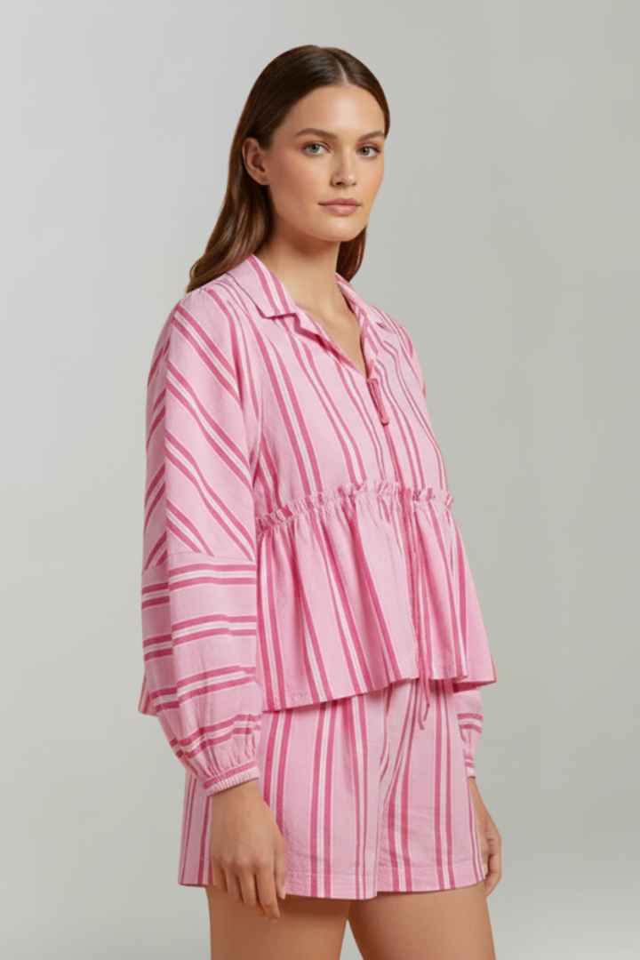 Women's Long Sleeve Striped Top and High-Waisted Shorts Set in Pink - View 3.0 | Roselva