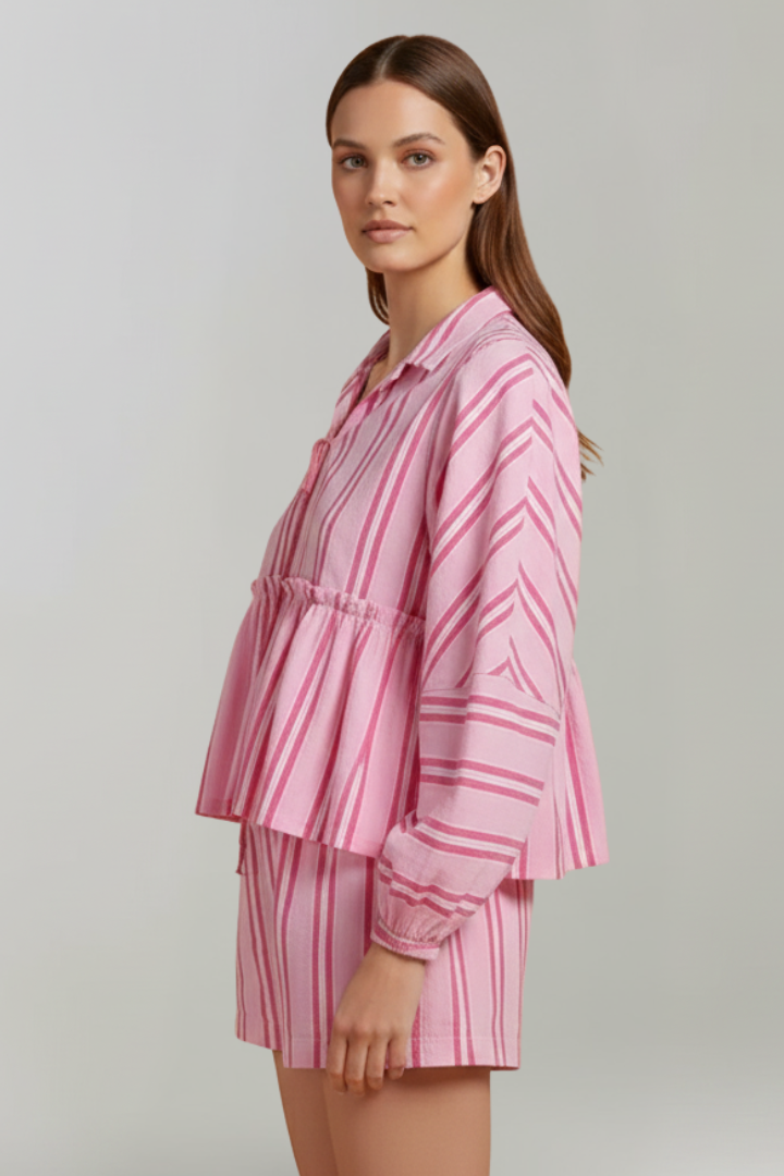 Women's Long Sleeve Striped Top and High-Waisted Shorts Set in Pink - View 5.0 | Roselva