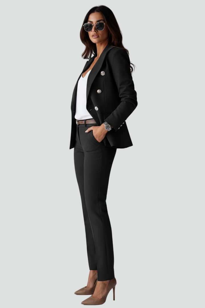 Women's Suit Set with Blazer and Straight Trousers in Black - View 3.0 | Roselva