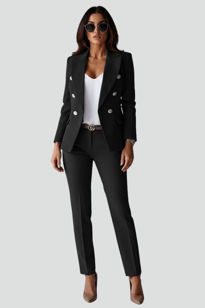 Women's Suit Set with Blazer and Straight Trousers in Black - View 2.0 | Roselva