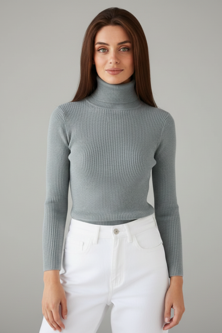 Women's Sweater with High Neck and Ribbed Finish in White - View 9.0 | Roselva
