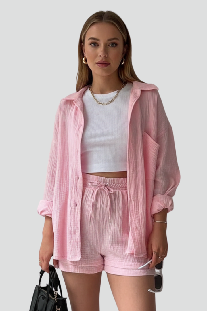 Women's Two-Piece Clothing Set with Shirt and Shorts in Green - View 9.0 | Roselva