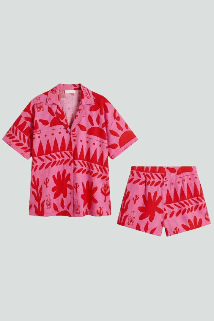 Women's Two-Piece Set with Printed Shirt and Shorts in Pink | Roselva