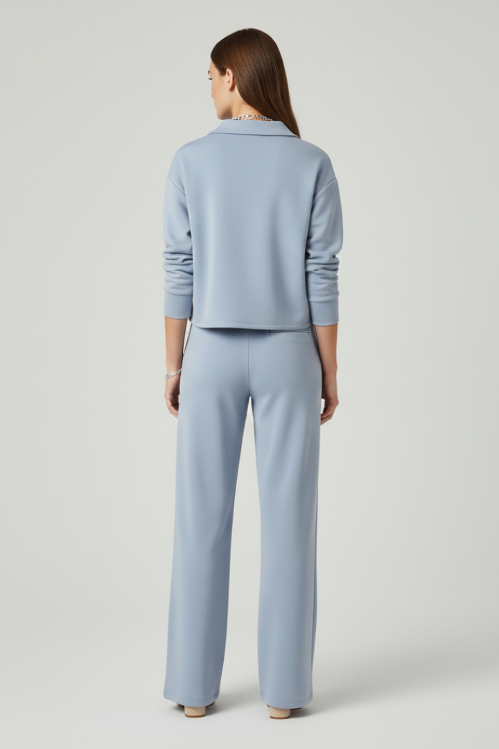 Women's Two-Piece Set with V-Neck Top and Wide-Leg Trousers in Light Blue - View 5.0 | Roselva