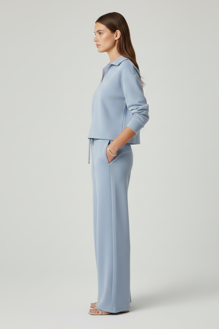 Women's Two-Piece Set with V-Neck Top and Wide-Leg Trousers in Light Blue - View 3.0 | Roselva
