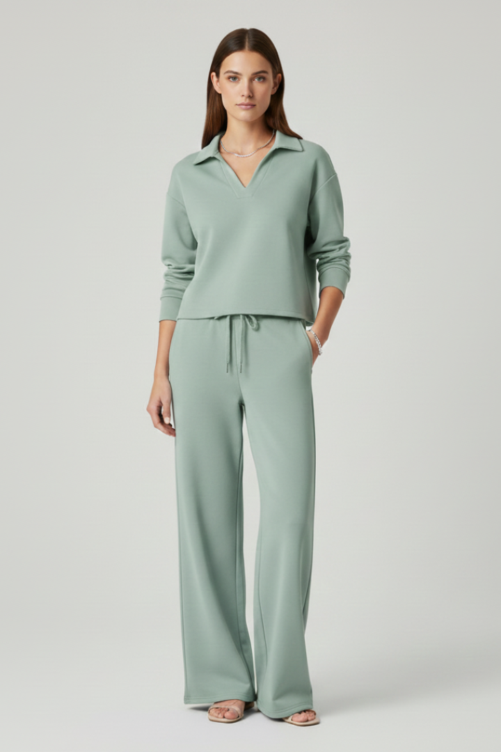 Women's Two-Piece Set with V-Neck Top and Wide-Leg Trousers in Light Blue - View 6.0 | Roselva