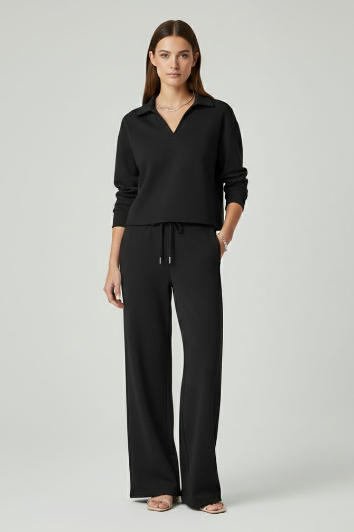 Women's Two-Piece Set with V-Neck Top and Wide-Leg Trousers in Light Blue - View 7.0 | Roselva
