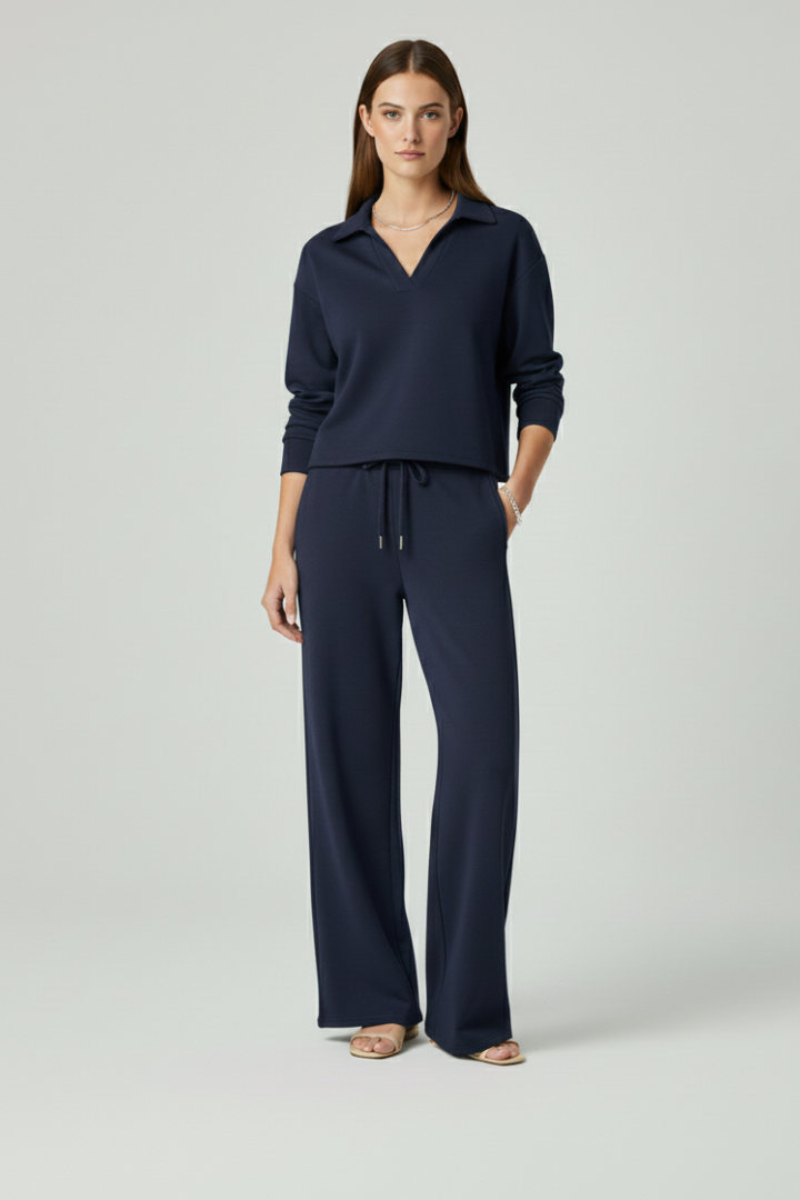 Women's Two-Piece Set with V-Neck Top and Wide-Leg Trousers in Light Blue - View 10.0 | Roselva